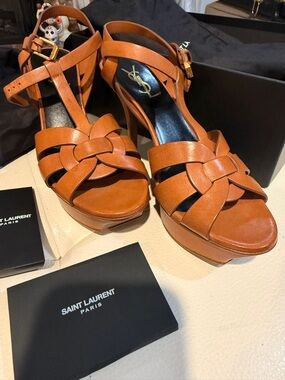 Saint Laurent Cognac Leather Knotted Platform Sandals